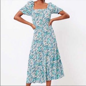 LOFT Floral Tiered Dress Midi Puff Sleeve Square Neck Blue Womens Medium Petite